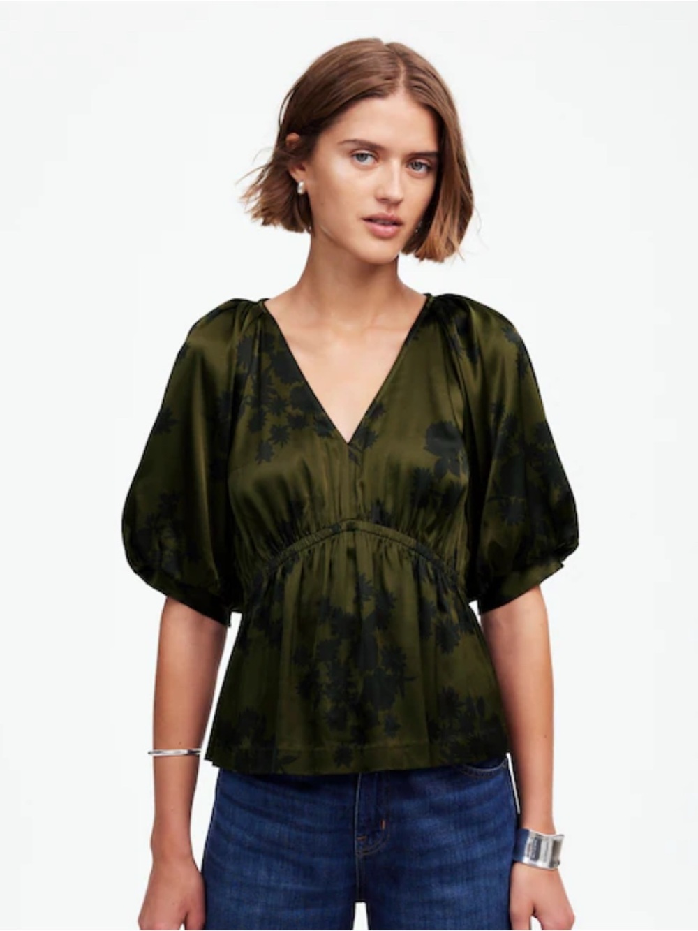 Madewell Shirred Puff-Sleeve Top in Satin Mossy Umber
